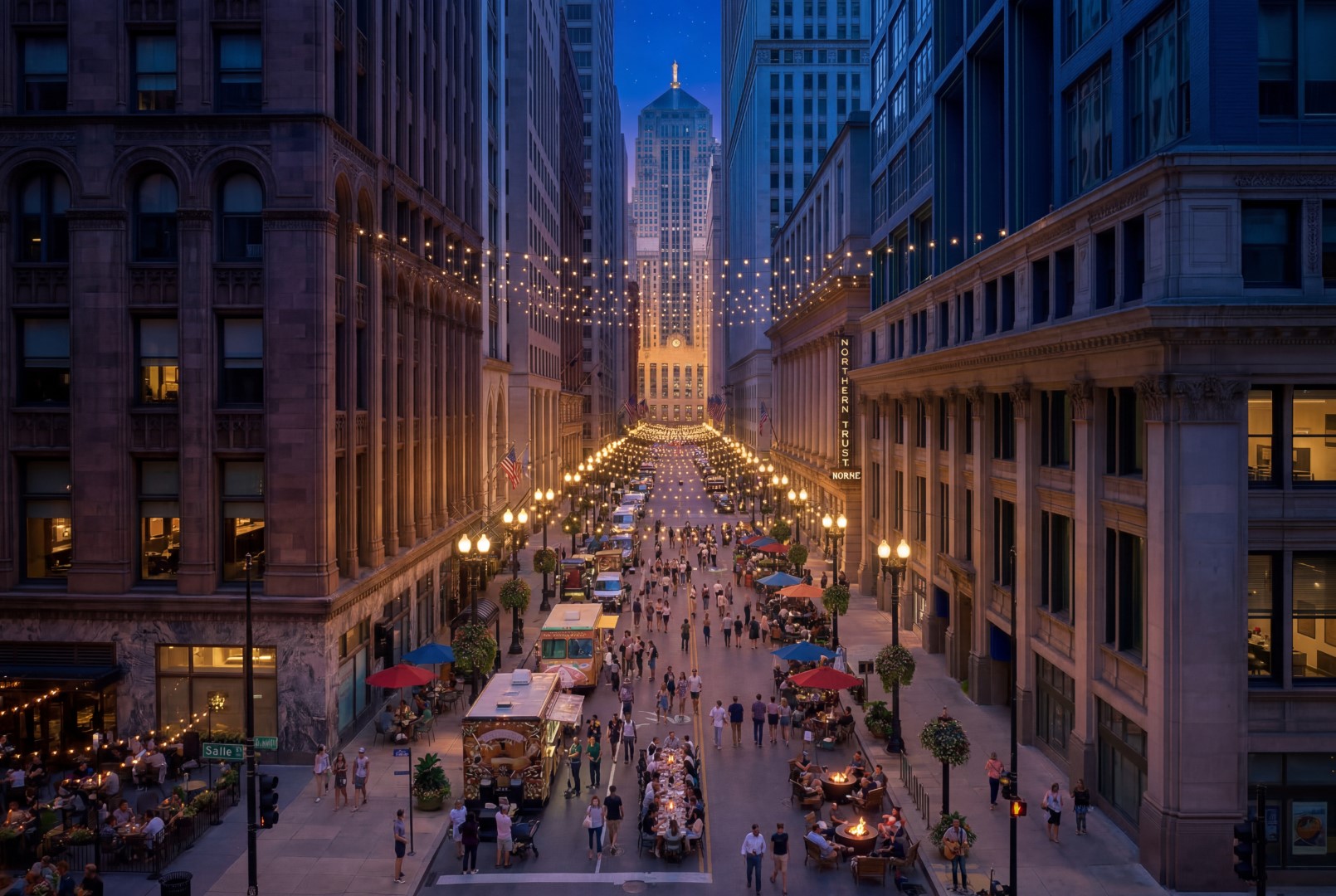 LaSalle Street at dusk, looking south toward the Board of Trade.
